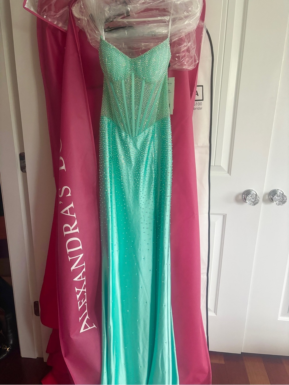 Sherri Hill Aqua Beaded Strapless Prom Gown